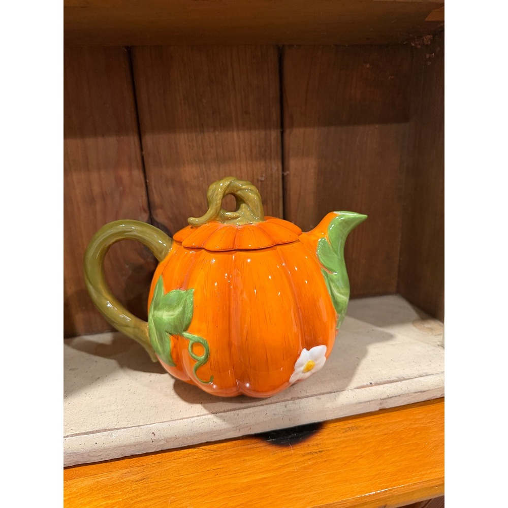 Ceramic Pumpkin Teapot with Sunflower and White Flowers Fall Harvest Decor